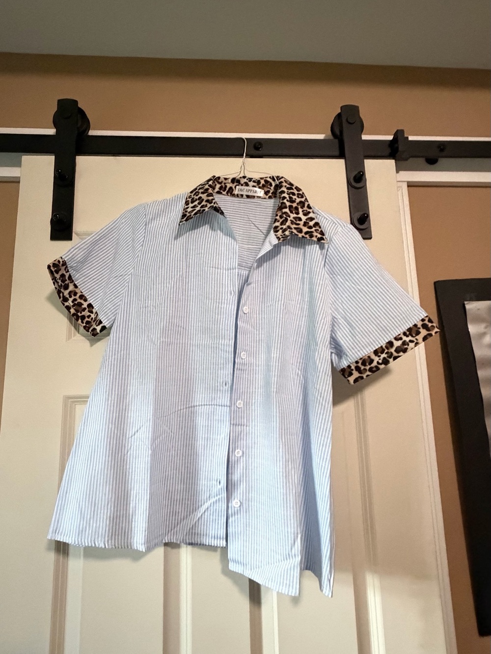 Leopard Trim Blue Stripe Button-Down Shirt for Kids